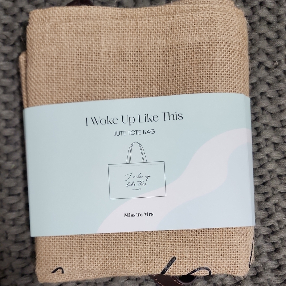 Tan Burlap Tote with Aqua Accent Band